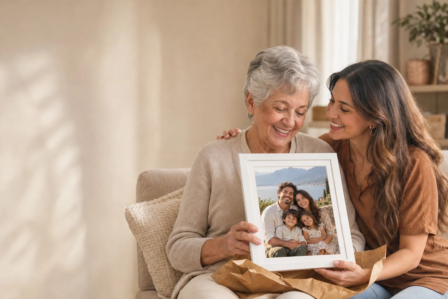 Una nieta regala a su abuela un cuadro con una foto familiar